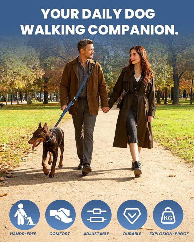 Black Multifunctional Hands Free Crossbody Durable Nylon Dog Leash for Medium Large Dogs, 4–6FT Adjustable Heavy Duty Double Handle Lead with City & Park Walking