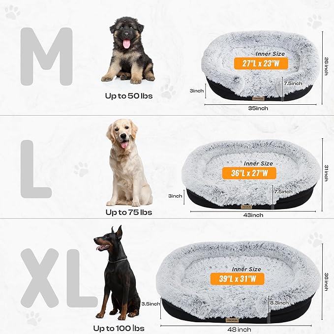 Fluffy Orthopedic Dog Bed for Small & Medium Dogs and Cats, Calming Plush Sofa Bed with Curved Bolster Support and Egg-Crate Foam Base, 35" Cozy Oval Pet Donut Bed with Washable Cover, Gray