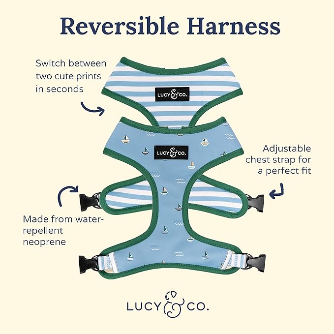 Lucy & Co. Set Sail Reversible Harness, Walking Halter - Best Designer Pet Harnesses for Medium Dogs - Padded Adjustable Vest for Easy Walking, Medium, Blue & White Stripes & Sailboats