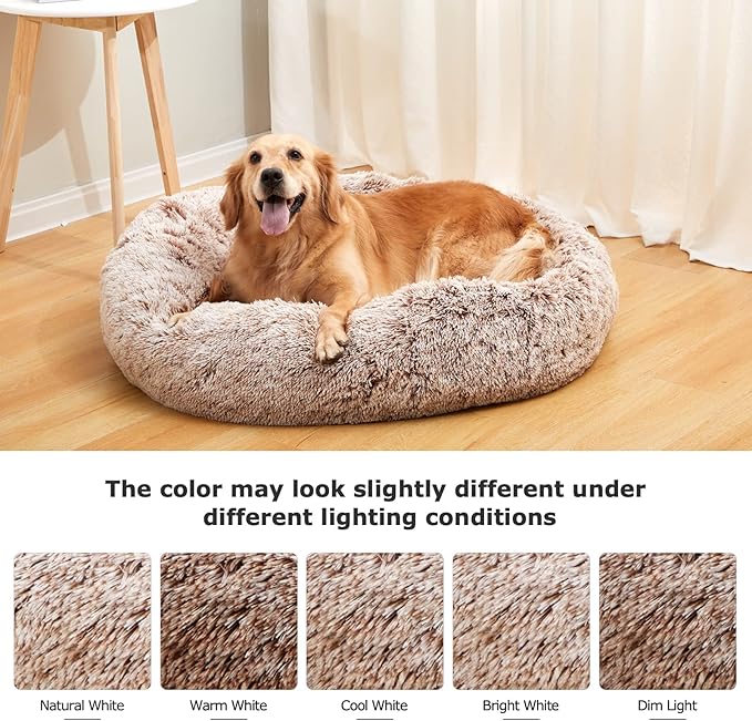 Bedfolks Calming Donut Dog Bed, 23 Inches Round Fluffy Dog Beds for Small Dogs, Machine Washable Anti-Anxiety Plush Puppy Bed(Brown, Small)