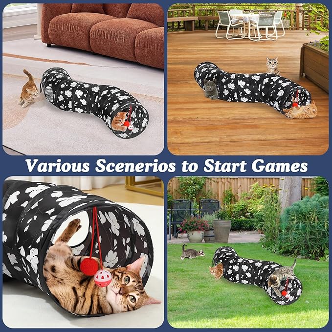 Pawaboo Cat Tunnel, S-Shaped Cat Tube Tunnel 25 * 97cm(9.8''*38.2'') with Balls and Bells, Collapsible Portable Kitten Play Tent Toy Interactive Cats House with Peep Holes for Kitty, Magnolia