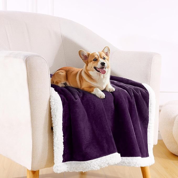 Smiry Waterproof Blanket Throw for Large Dogs, Soft Reversible Dog Blanket for Sofa Couch Bed, Washable Leakproof Sherpa Fleece Furniture Couch Protector(50"x60", Dark Purple/White)