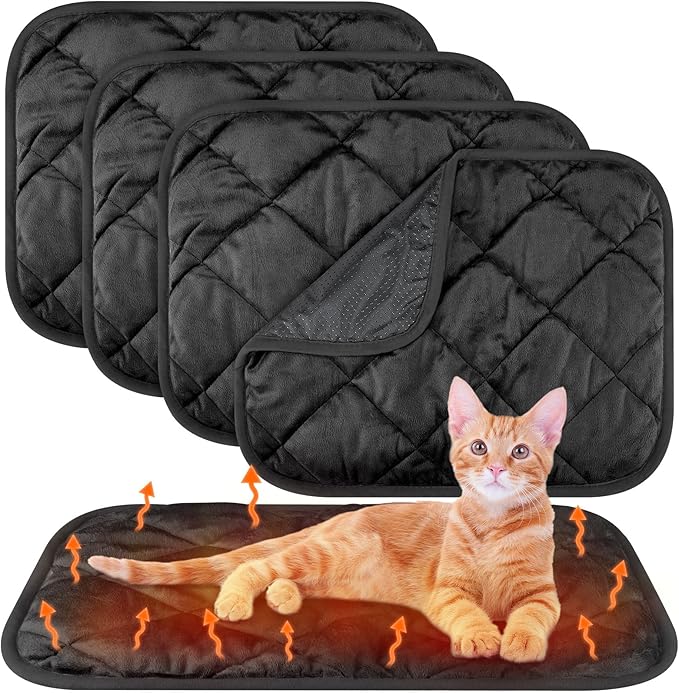 4 Pack Self Heating Cat Pad Self Warming Dog Mat Reflects Body Heat Extra Warm Thermal Pet Pad Washable Dog Cat Bed Crate Bed Mat Blanket(Black,16 x 20 Inch)