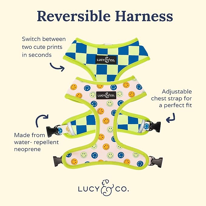 Lucy & Co. Lime Green with Blue Checker Smiley Faces, Cute Reversible Dog Harness Walking Halter - Best Designer Pet Harnesses for XS - XL Dogs - Padded Adjustable Vest for Easy Walking (X-Large)