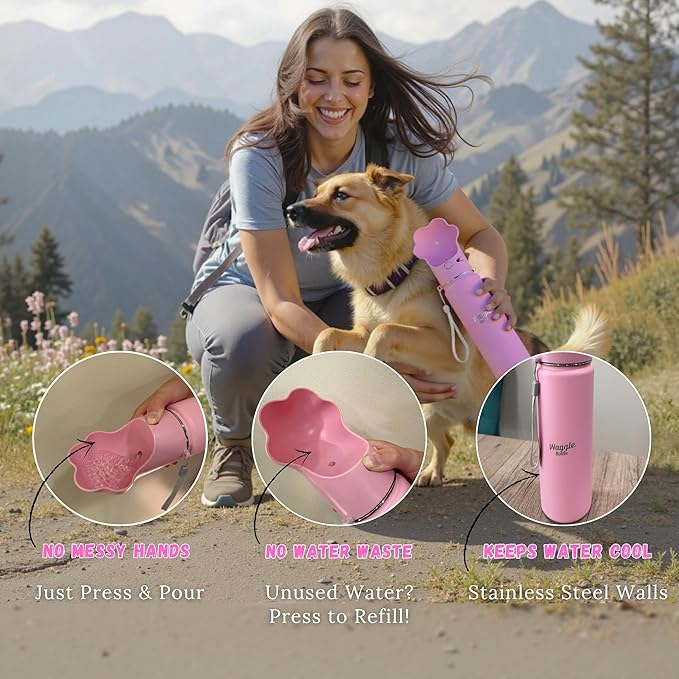 Stainless Steel Dog Travel Water Bottle, Vacuum Insulated Portable Dog Water Dispenser, Drink Cup and Snack Container On The Go, Outdoor Walking, Hiking, Travel (Pink)