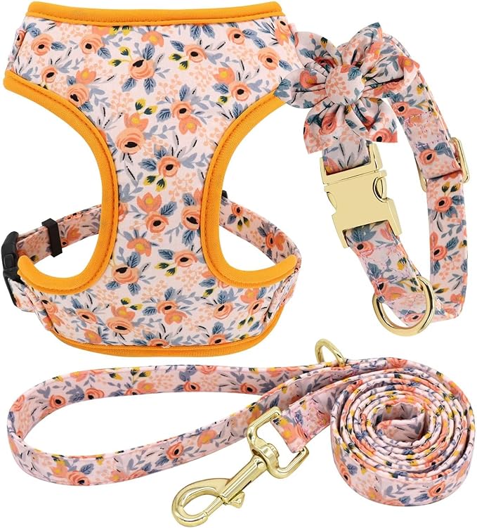 Beirui Cute Girl Dog Collars, Harnesses & Leashes Set - Adjustable Dog Collar and Leash Set with Flower - Soft Mesh Dog Vest Harness for Puppies Small Medium Dogs (Orange,XS)