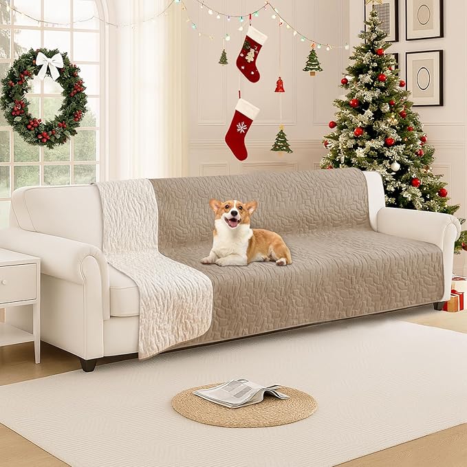 Waterproof Dog Blanket, Non-Slip Soft Pet Bed Cover, Couch Cover for Dogs Washable, Protects Sofa, Furniture, Crate, Car, Tear Resistant Leakproof Pet Blanket (82x82 Inch, Khaki)