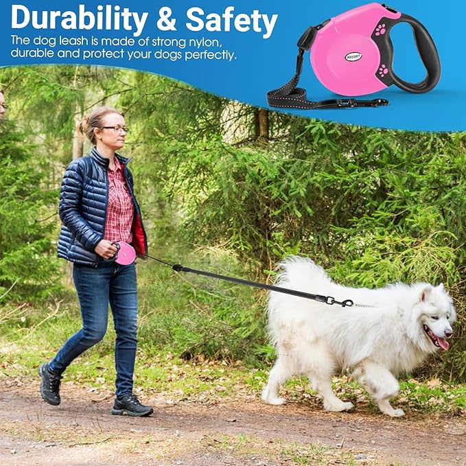 Retractable Dog Leash, 26 Ft Heavy Duty Pet Walking Leash for Small Medium Large Dogs up to 99lbs, Anti-Slip Handle, 360 ° No Tangle, Nylon Tape, One-Handed Brake (Pink)