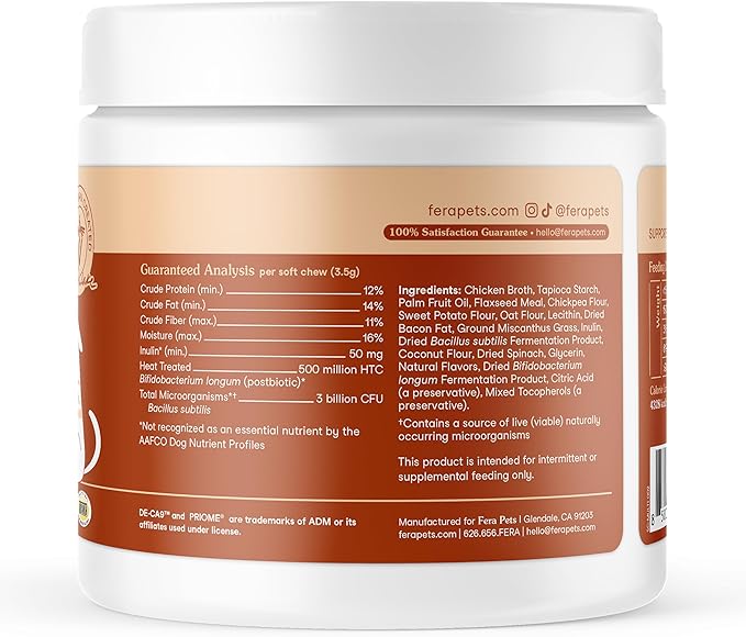 Fera Pets Probiotics for Dogs with Prebiotics and Postbiotics - Full Spectrum Gut Health Support - Promotes a Balanced Gut Microbiome - Boosts Immune Health - 30 Soft Chews