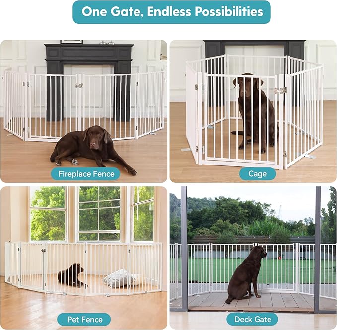 No Pawblems Free Standing Dog Gate with Door, 30'' Tall Foldable Dog Fence for Indoor & Outdoor, Up to 156 Inch Extra Wide Puppy Gate for Stairs, Hallways, Doorways, Deck, Yard (White, 6 Panels)