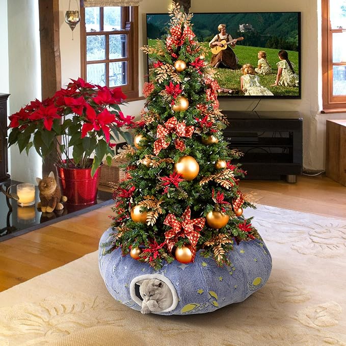 Under Christmas Tree Large Cat Tunnels Bed Tube for Indoor Cats Glows in The Dark Cat Tunnel with Cushion and Plush Ball Toy Toys for Dog Puppy Kitten Rabbit Bunnies Ferret Pet Blue