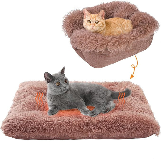 SCENEREAL Self Warming Cat Bed, Heated Cat Bed Mat for Cats Small Dogs, 2 in 1 Soft Plush, Washable Pet Pad for Indoor Outdoor Kitten Puppy, Brown 28" x 24"