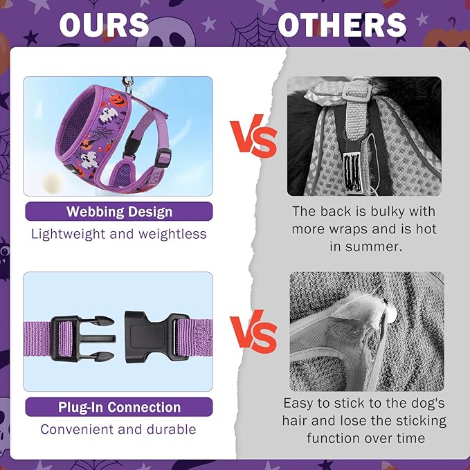 SCENEREAL Halloween Small Dog Harness Collar and Leash Set, Adjustable No Pull Pet Harnesses, No Chock Soft Mesh Step in Vest Costume for Doggie Puppy Dogs Cats Girl Boy Outdoor Walking