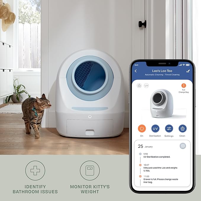 Casa Leo Leo’s Loo Too Self-Cleaning Cat Litter Box, Wi-Fi App Control, <30 dB Whisper-Soft, Anti-Pinch Sensors, UV Odor Defense, Health Monitoring, Large 24 × 22 × 27.6 in