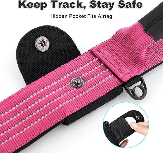 Plutus Pet Tactical Dog Collar with Tracker Packet for AirTag, Adjustable Reflective Nylon Collar, Metal Buckle, Leather-Wrapped Handle, Soft Padded for Medium Large Dogs (Pink, L)