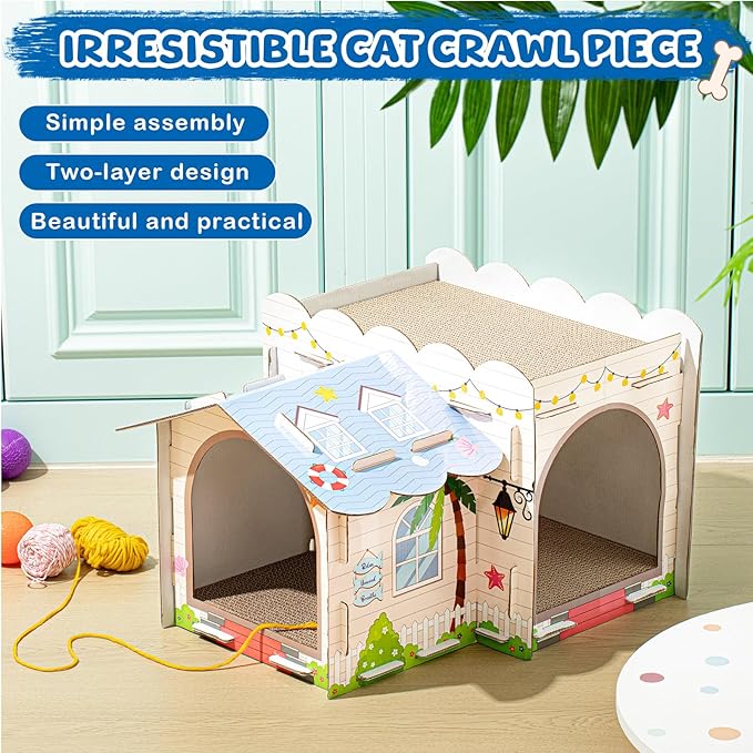 2 Story Cardboard Cat House with Scratcher Pad for Small Kitten,17x12x10 Multi Level Durable Cat Condo & Villa for Bunny Rabbit Small Animals Christmas Birthday Gift(Beach)