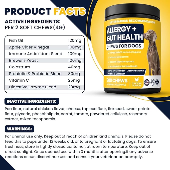 Dog Allergy Chews Probiotics for Dogs Yeast, Itchy Skin and Itchy Ears Itch Relief Immune Pre Probiotic Chews for Pet Digestive Gut Health Anti Itch Supplement for Itching and Licking Dogs Allergies