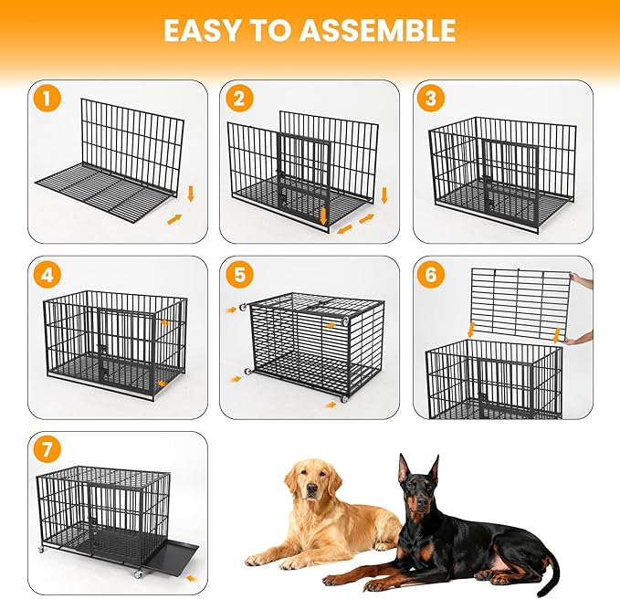 Garvee 49 Inch Heavy Duty Dog Crate, Metal Escape Proof Dog Kennel Indoor with 3 Doors, Removable Tray, Extra Large Dog Cage with Wheels for Large and Medium Dogs, Black