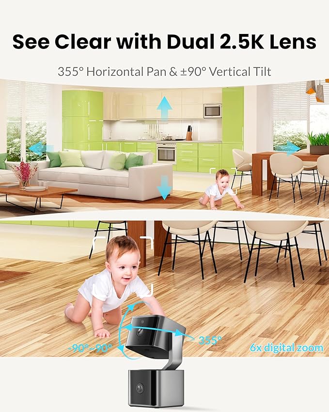 Dual Lens Security Camera Indoor 5G/2.4G WiFi, 4MP Pet Camera with Pan Tilt for Home, Baby Monitor, AI Tracking, Color Night Vision, 2-Way Talk, No Dead Zone, 355° View, Alexa/Google