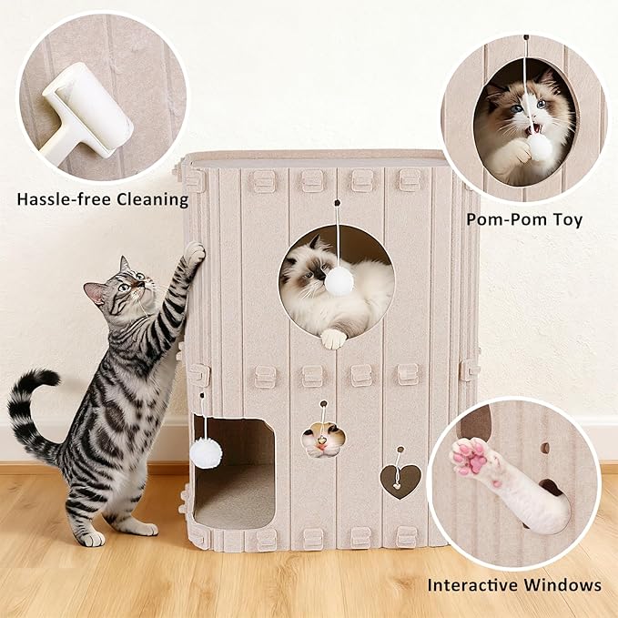 Cat House for Indoor Cats - 2-Story Enclosed Cat Bed Cave for Multiple & Large Cats, Felt Covered Pet Hideaway Tunnel Condo House, Kitty Hut Hideout Cube, Scratch Resistant, Beige