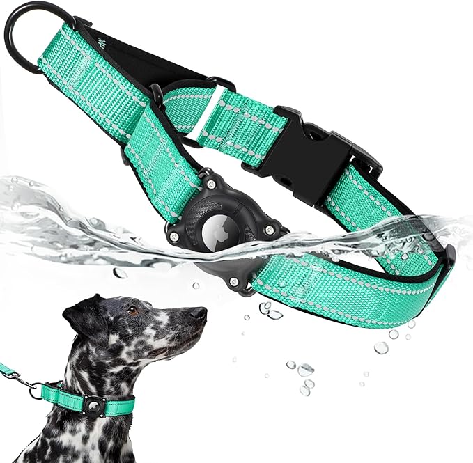Airtag Dog Collar with Martingale Design, IP68 Waterproof Air Tag Collar Holder, Adjustable Reflective Soft Padded Nylon Dog Collar for Large Medium Small Dogs