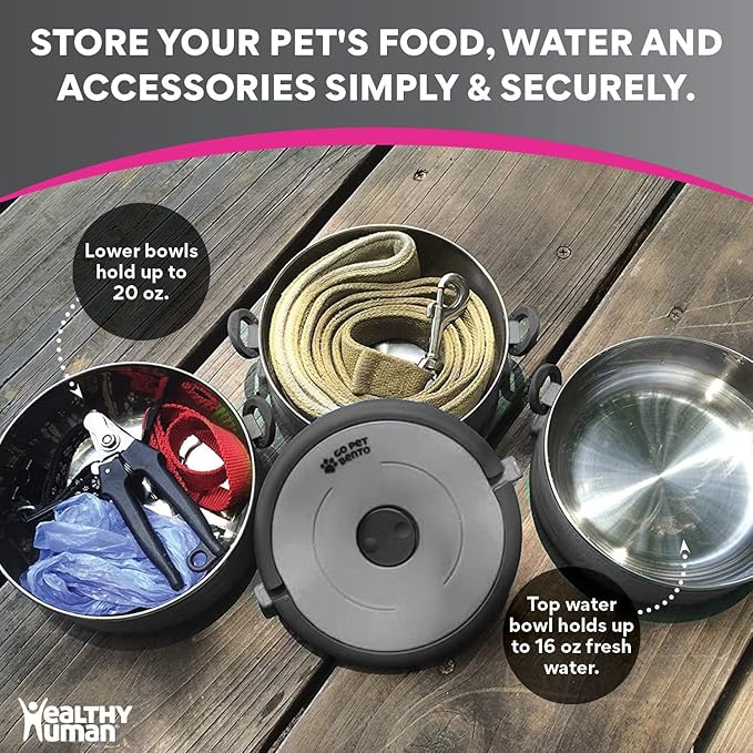 Healthy Human Travel Pet Bento Bowls - Human-Grade Stainless Steel & BPA-Free, Leak-Proof Water & Food Container Set for Dogs & Cats, 2-Pack Interlocking Bowls, Includes Spare Clips & Handle (Gray)