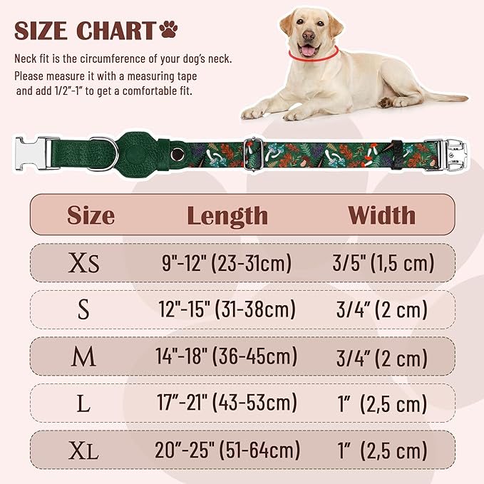 AirTag Dog Collar for Small Medium Large Breed - Adjustable Cute Pattern Dog Collar with Airtag Holder - Soft Leather Tracker GPS Apple Air Tag Pet Collars (X-Large, 20"-25" Neck Fit, Mushroom)