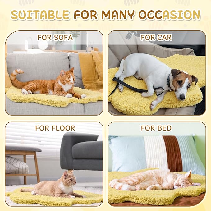 3 Pack Self Warming Cat Dog Bed Leaf Shape Self Heating Pet Mat Non Electric Washable Thermal Sleeping Pad Plush Heated Pet Mat for Crate Floor Indoor Outdoor (Light Yellow,Large-19 x29)