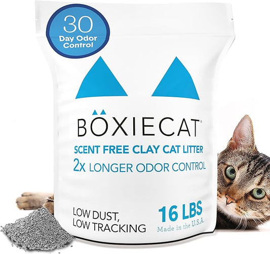 Boxie Unscented 30 Day Odor Control Clumping Clay Cat & Kitty Litter 16 lb, 99.9% Dust-Free, Hard Flat Top Clumps, No Fragrances No Fillers, Long-Lasting, Easy to Scoop