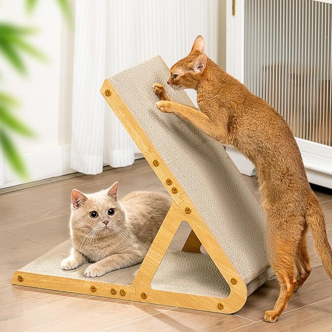 A-Frame Cat Scratchers for Indoor Cats, Wood Frame & Recycled Cardboard Scratch Pad, Dual-Sided Vertical Horizontal Scratching Board, Space-Saving Furniture Protector for Sofa Walls, Medium