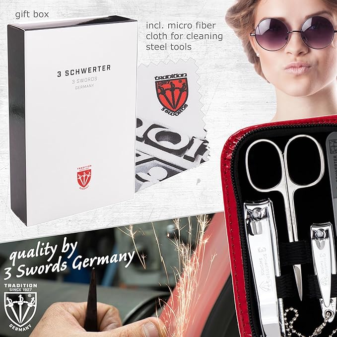 3 Swords Germany - brand quality 8 piece manicure pedicure grooming kit set synthetic leather case red - Made in Germany