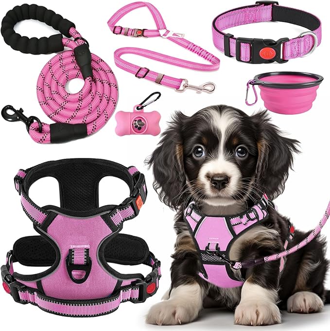 No Pull Dog Harness, Collar & Leash Set | Includes Dog Seat Belt, Collapsible Bowls & Poop Bag Dispenser. Ideal for Training, Walking, Hiking. Fits Small to Large Dogs(Pink-S)