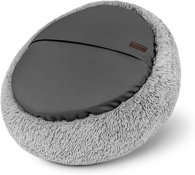 The Dog’s Bed Sound Sleep Donut Dog Bed, Medium Silver Grey Fur Calming Nest Bed, Veterinary Approved