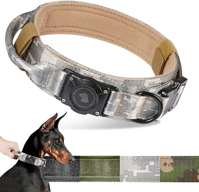 2025 Upgrade Waterproof AirTag Dog Collar, Military Tactical Dog Collar with AirTag Holder, Comfortable Control Handle and Metal Buckle, GPS Dog Collar Holder for Medium to Large Dog
