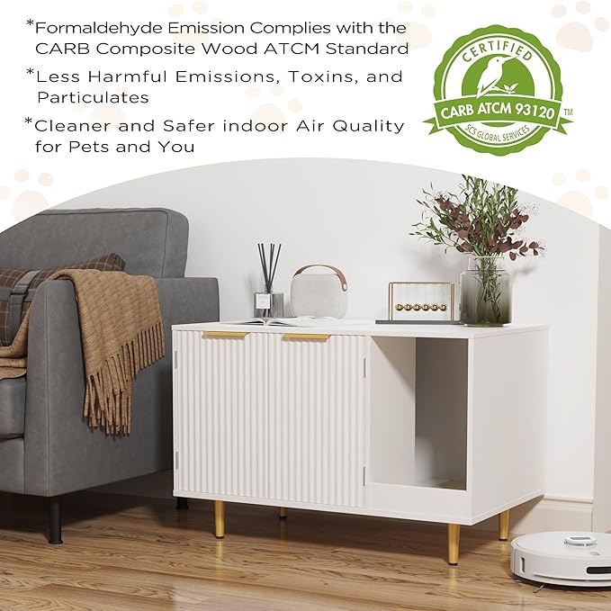 Litter Box Enclosure, Cat House Litter Box Furniture Hidden with Scratching Mat, Modern Cat Washroom Indoor, Side End Table, Storage Cabinet Bench for Living Room, Bedroom, White