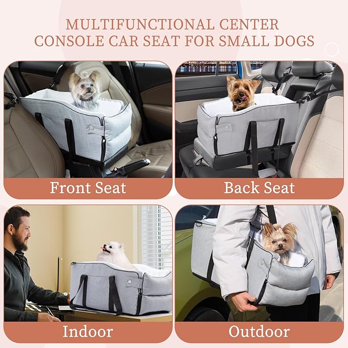Center Console Dog Car Seat for Small Dogs Up to 12lbs,Portable Middle Console Dog Booster Car Seat with Adjustable Straps, Storage Pocket & Safety Leash