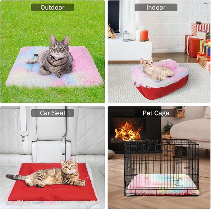 SCENEREAL Self Warming Cat Bed, Heated Cat Bed Mat for Cats Small Dogs, 2 in 1 Soft Plush, Washable Pet Pad for Indoor Outdoor Kitten Puppy, Colorful 24" x 20"