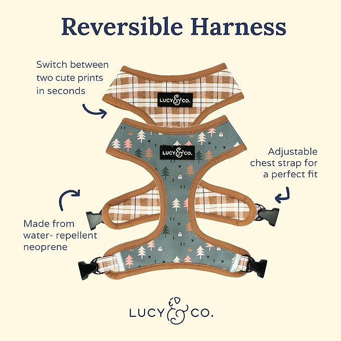 Lucy & Co. Cute Reversible Dog Harness Walking Halter - Best Designer Pet Harnesses for XS - XL Dogs - Padded Adjustable Vest for Easy Walking (X-Small, Neutral Brown Plaid with Blue Trees)
