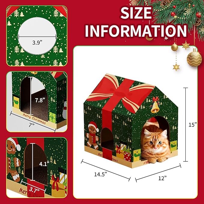 Christmas Cardboard Cat House with Scratching Pad (15"x12"x15") Christmas Decorations Scratching Pad for Kitty Cat Play House for Indoor Cats Christmas Green