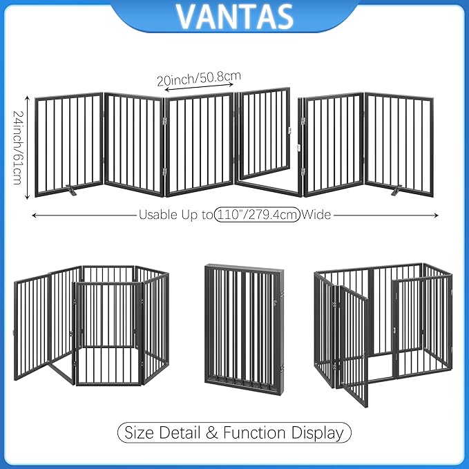 Vantas Folding No-Assembly Metal Pet Gate 120" Wide, 24" Extra Tall Dog Gate with Door Walk Through, Freestanding Accordion Puppy Gate Dog Door for Indoor & Outdoor, with 2PCS Support - Black