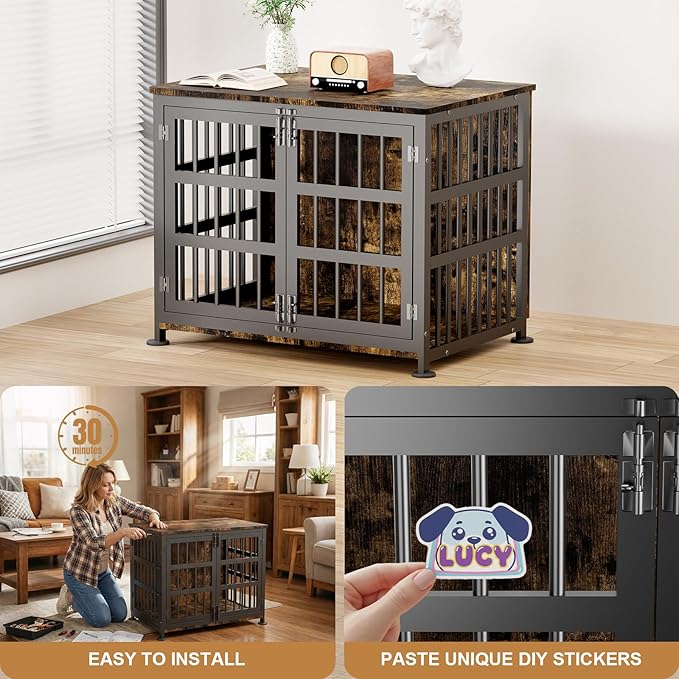 33" Dog Crate Furniture for Medium & Small Dogs with Wheels, Heavy Duty Dog Cage, Indoor Puppy Crate, Wooden Dog Kennel Table, 32.7" L x 22.8" W x 25.2" H, Decorate House as End Table — Rustic Brown