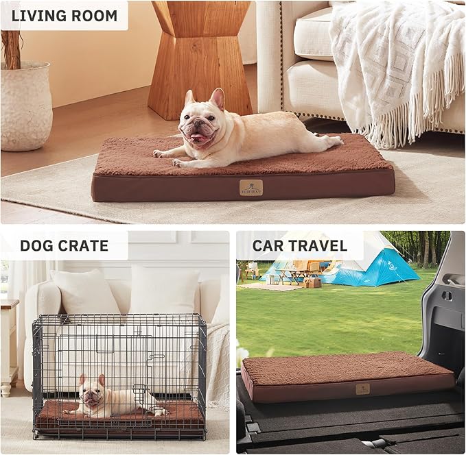 Bedfolks Orthopedic Dog Bed for Large Dogs - Egg Foam Dog Crate Bed with Removable Waterproof Cover, Pet Bed Mat Suitable for Dogs and Pets Up to 65 lbs (36 x 27 x 3 inches, Brown)