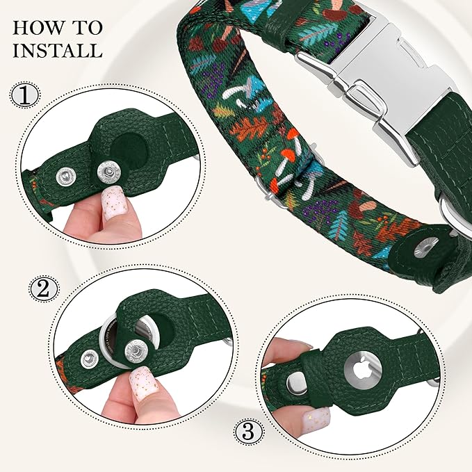 AirTag Dog Collar for Small Medium Large Breed - Adjustable Cute Pattern Dog Collar with Airtag Holder - Soft Leather Tracker GPS Apple Air Tag Pet Collars (X-Large, 20"-25" Neck Fit, Mushroom)