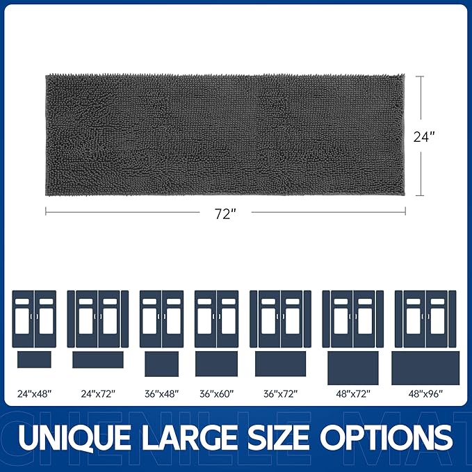 Chenille Absorbent Front Door Mat 72" x 24", Dog Door Mat for Muddy Paws, Trap Dirt Doormat, Mud Mat for Dogs, Washable Non Slip Outdoor Indoor Doormats for Entryway, Grey