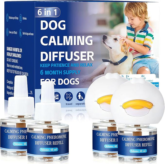 6-in-1 Dog Calming Pheromone Diffuser (2 Plug in + 4 Refills), Relief Anxiety, Storm Stress & Indoor Behavior Support, 120-Day Long Lasting Refill, Natural Odorless Safe Formula