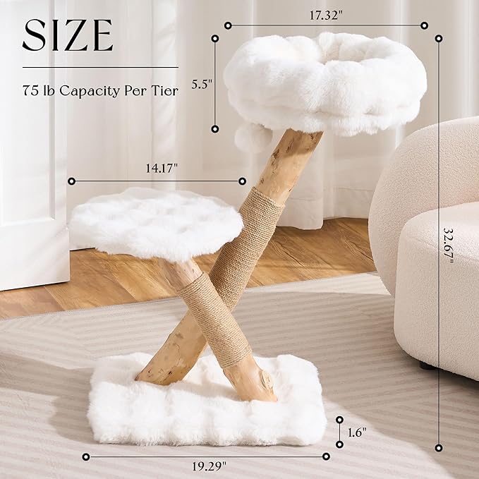 Solid Wood Cat Tree, Modern Cat Tree Tower for Large Indoor Cats, Natural Real Pear Wooden Aesthetic Cat Condo with Scratching Post for Adult Kittens-White