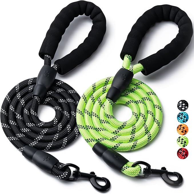 2 Pack Dog Leash, 4/5//6 FT Heavy Duty Nylon Rope Pet Leashes with Comfortable Padded Handle, Reflective Dog Leashes for Small Medium and Large Dogs (6FT-1/2,Black/Green)