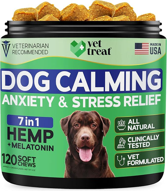 Hemp Calming Chews for Dogs Anxiety -120 Hemp Dog Calming Chews - Anxiety Relief Treats with Melatonin - Advanced Pet Stress Relief, Separation Aid, Barking, Thunder, Fireworks, Travel - Made in USA