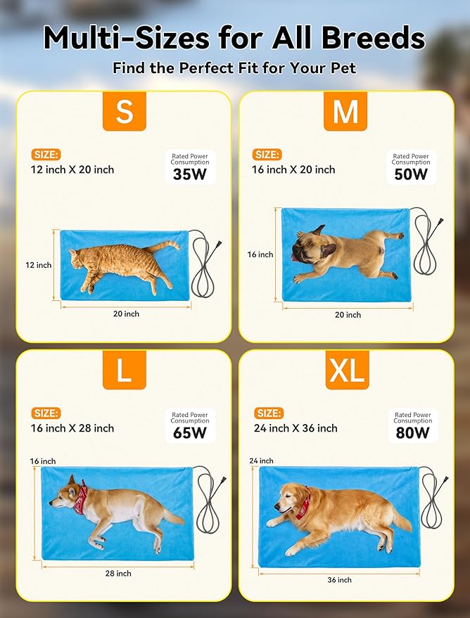 Outdoor Pet Heating Pad for Dog & Cat, Multi-Size Waterproof Heated Cat Dog Bed for Outside, Pet Heater Warmer Mat Blanket with Chew Resistant Cord for Senior Dog Cat House Whelping Box,Blue,16" x 28"