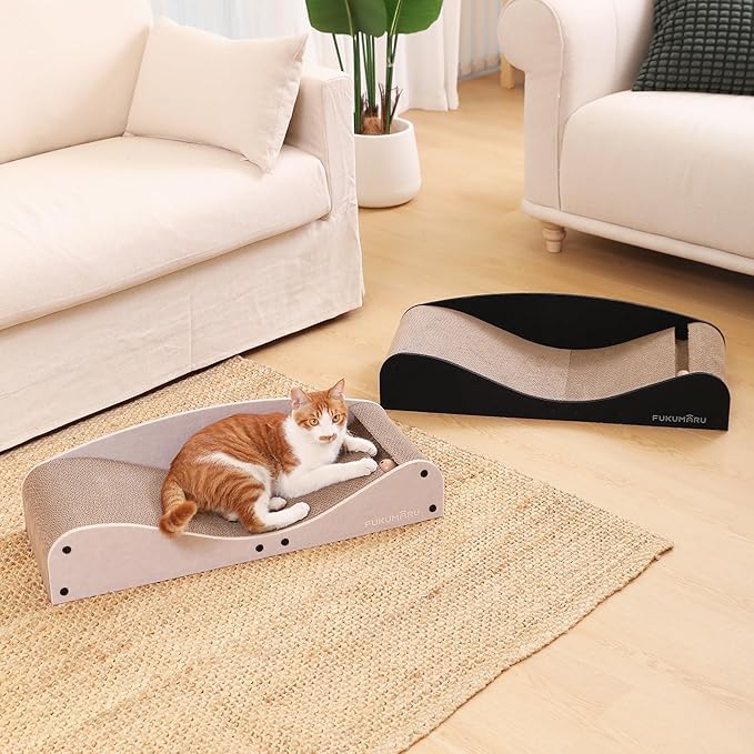 FUKUMARU Cardboard Cat Scratcher Bed, Extra Long 29.1 Inch Cat Scratch Bed Couch Indoor, Natural Felt Multifunctional Cats Scratching Lounger, Horizontal Kitten Cats Scratch Pad with Ball Toy, Black